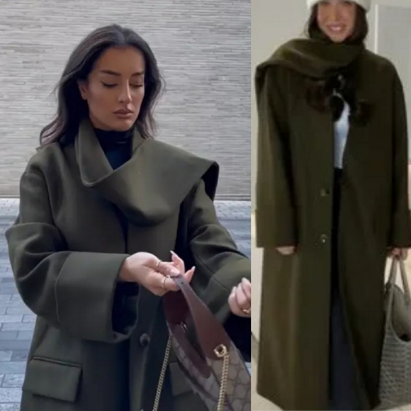 ZARA khaki green MANTECO WOOL scarf coat oversized Size S New with tag - Picture 4 of 10